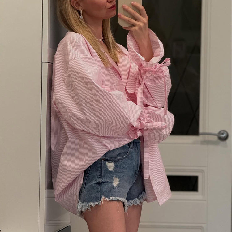 Fashionable Striped Office French Shirt for Women Spring Autumn Printing Collared Bell Sleeve Loose Pockets Shirt - Wanita Store