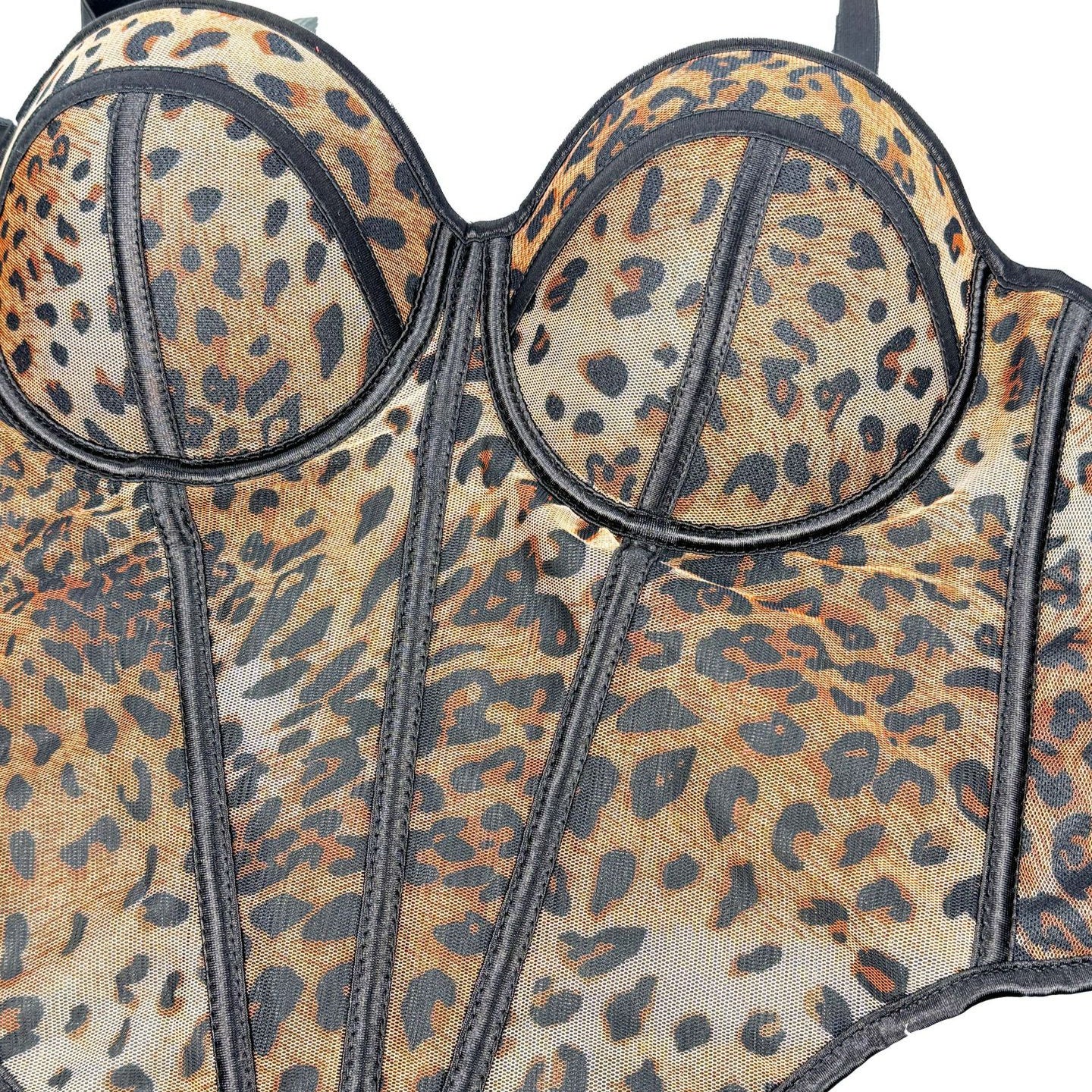 Sexy Leopard Print Stitching Bra Shoulder Straps High Grade Inner Mesh Lace See through Outer Wear Boning Corset Bra