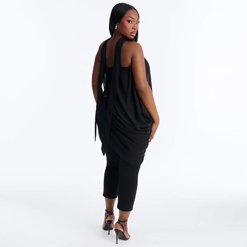 Women Clothing Autumn Solid Color Casual Sleeveless Scarf Bandeau Three Quarter Slim Fit Long Conjoined Trousers