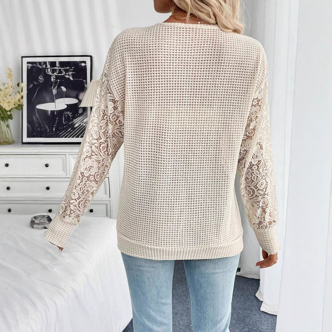 Spring Elegant Women Solid Color V neck Lace Stitching Long Sleeved T shirt Top for Women