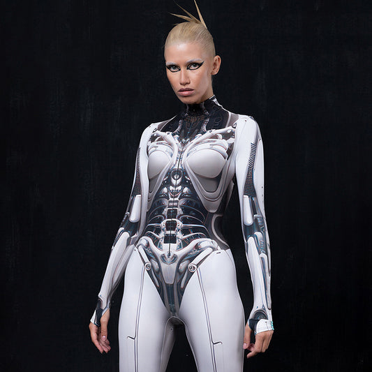 Mechanical Printing Half Turtleneck Long Sleeve One Piece Trousers High Elastic Tights Women Clothing