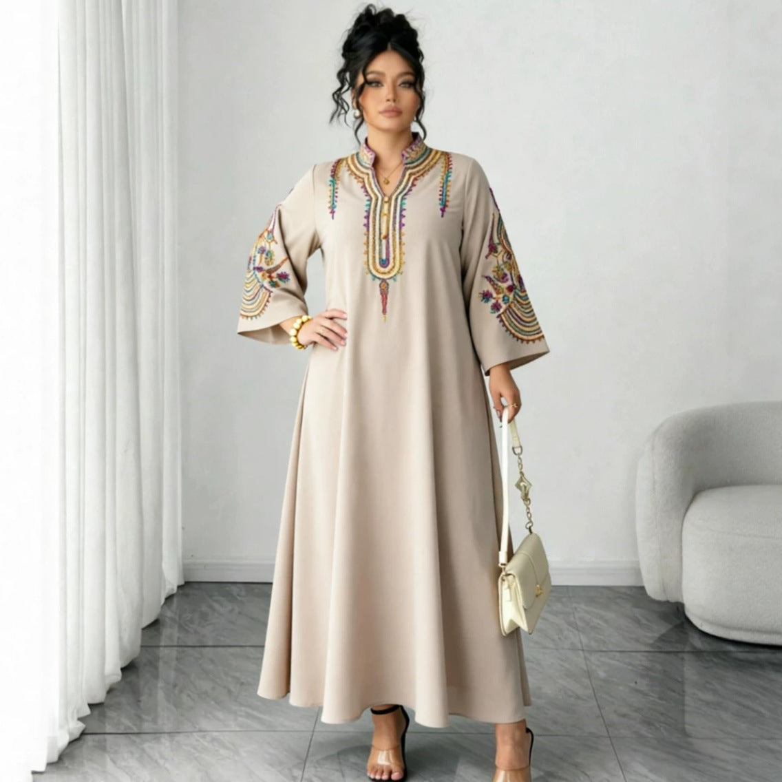 Ethnic Embroidered Pullover Dress Loose Robe Rope Embroidery Craft Women Clothing