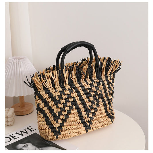 Color Matching Loose Edge Straw Bag Loose Edge Portable Color Matching Woven Bag Seaside Vacation Beach Bag Women Bag - Wanita Store