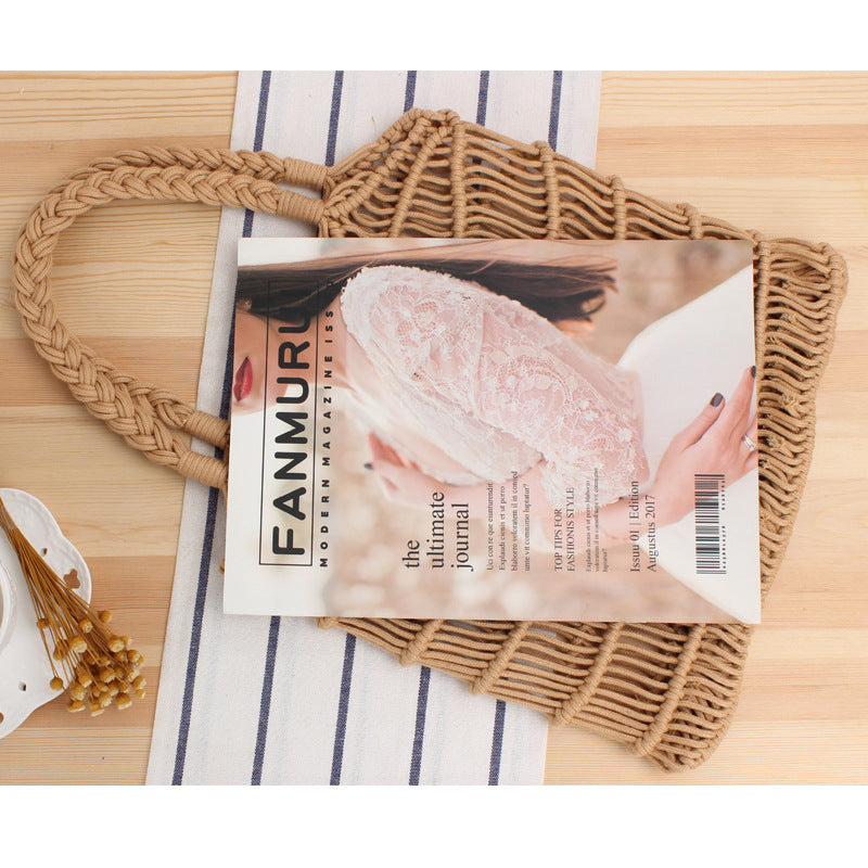 One-Shoulder Portable Cotton Rope Net Pocket Hand-Woven Bag Trendy Women Mori Straw Bag Beach Bag