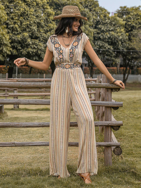 Vertical Stripes Printed V Neck Waist Slimming High Elegant Retro Casual Women Jumpsuit