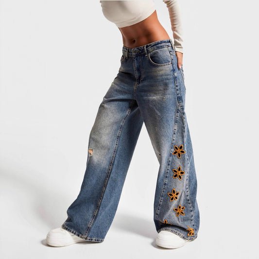 High Waist Loose Jeans Women Embroidered Fashionable High Waist Denim Trousers