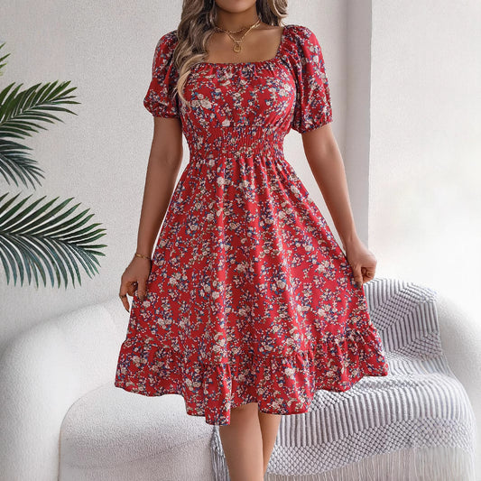 Spring Summer Floral Square Collar Short Sleeve Waist Controlled Ruffled A line Women Clothing