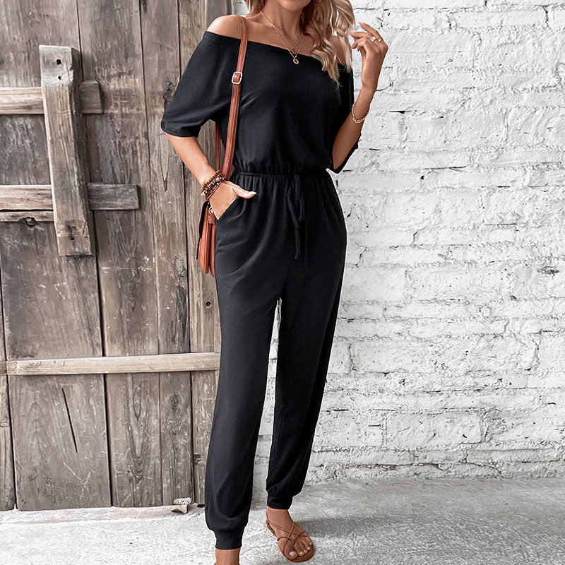 Women Casual Vacation Jumpsuit off Shoulder Solid Color One Piece Trousers