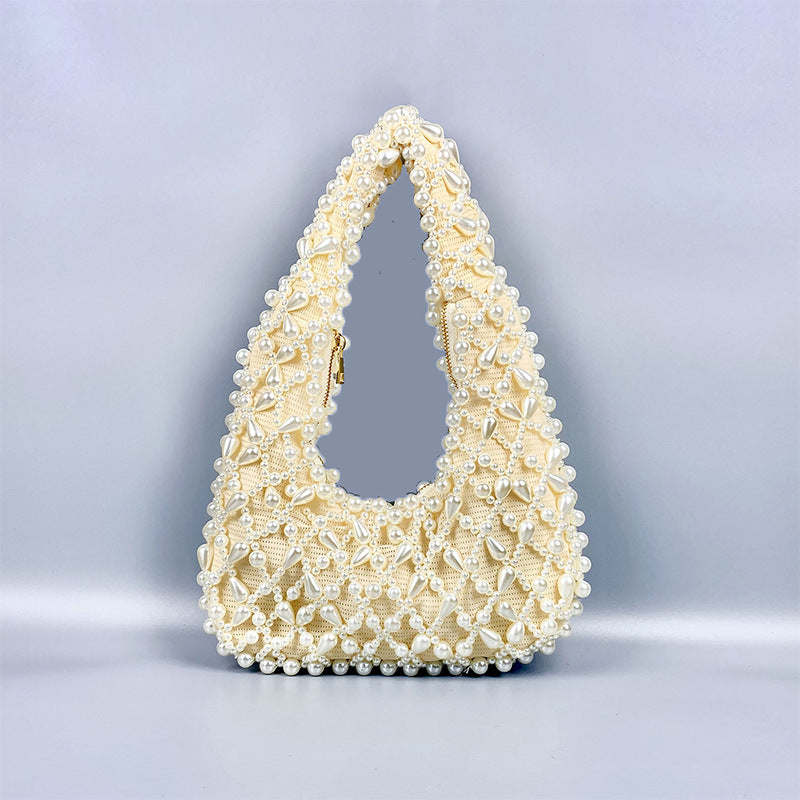 Trendy Women Pearl Rhinestone Advanced Texture Handmade Beaded Weave Portable Office Underarm Bag