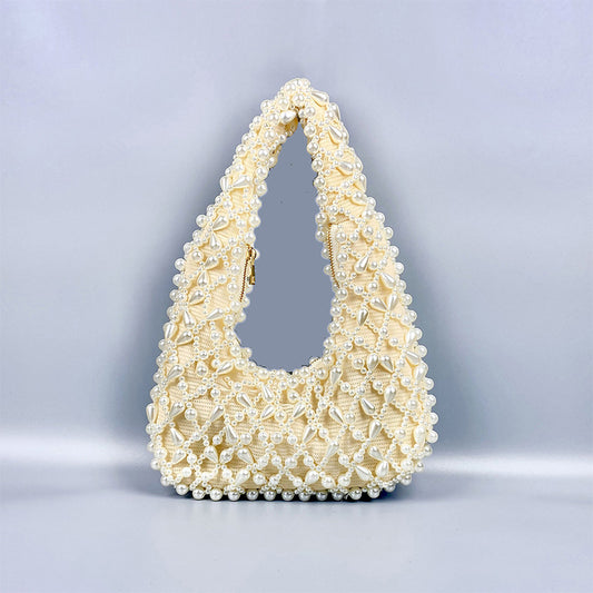 Trendy Women Pearl Rhinestone Advanced Texture Handmade Beaded Weave Portable Office Underarm Bag