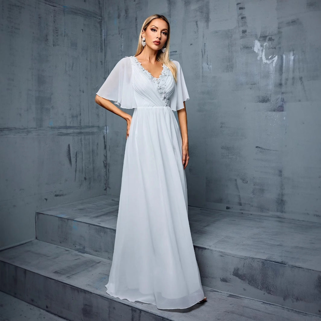 V neck Ball Gown Half Sleeve Slim Fit Cocktail Dress Annual Meeting Host Dress