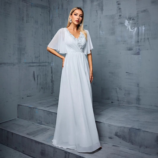 V neck Ball Gown Half Sleeve Slim Fit Cocktail Dress Annual Meeting Host Dress