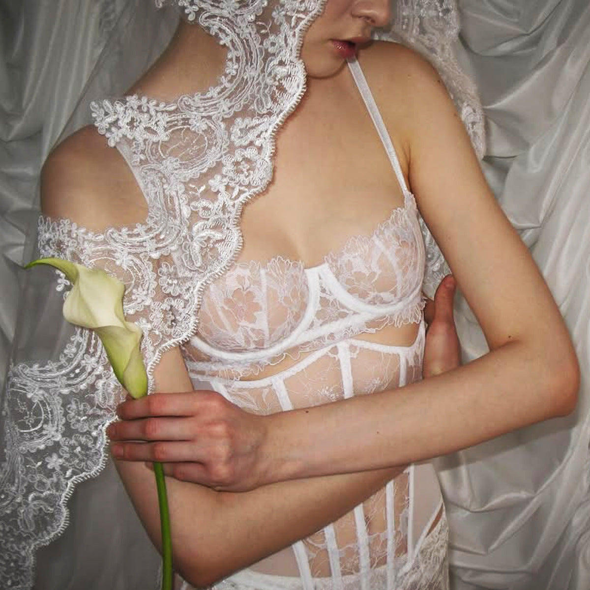See through Lace Boning Corset Body Shaping Sexy Underwear Split Set with Stockings