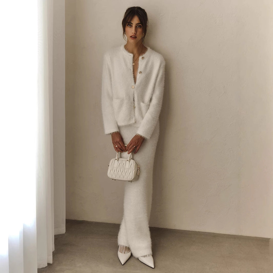 Plush Long-Sleeved Skirt Set Autumn Winter Single Breasted Cardigan Skirt Set