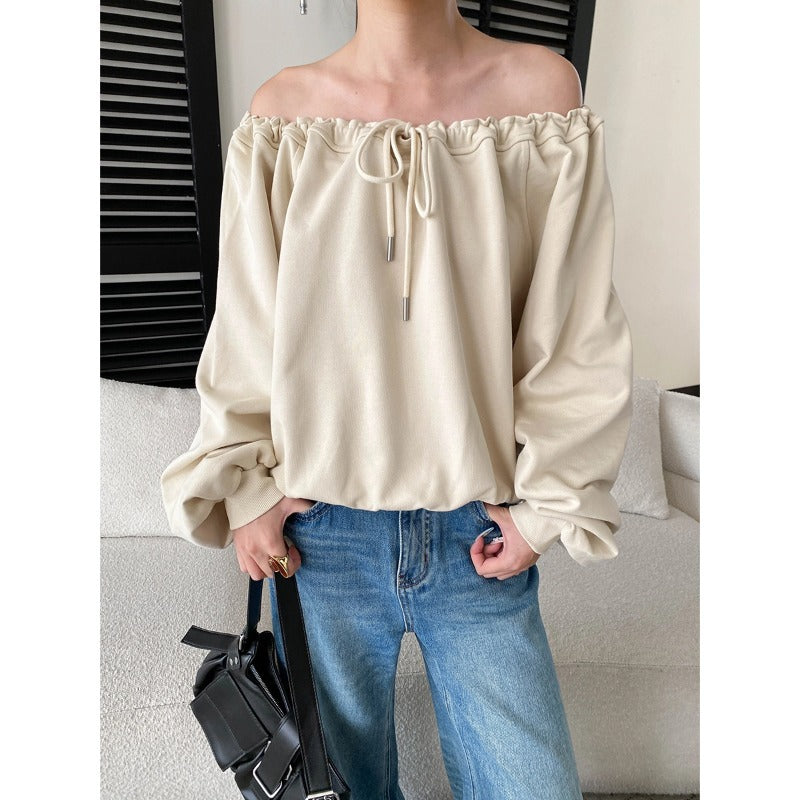 Autumn Loose Casual Adjustable Drawstring off Shoulder Sweatshirts