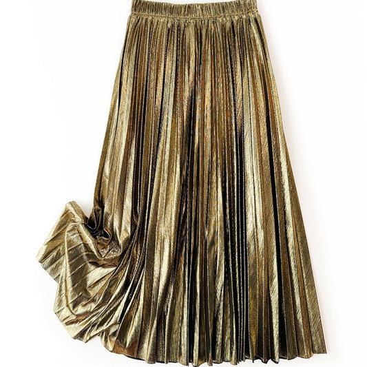 Long Skirt Metallic Pleated Skirt Women Mid Length Drape Gold Brushed Skirt Tide