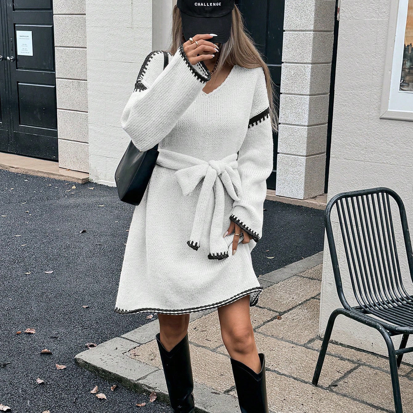 Idle Tie Waist Trimming Loose Knitted V neck Long Sleeve Fall Mid Length Dress Women
