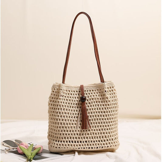 Pleated Shoulder Cotton Thread Woven Bag Tassel Straw Bag Vacation Beach Bag Women Bag