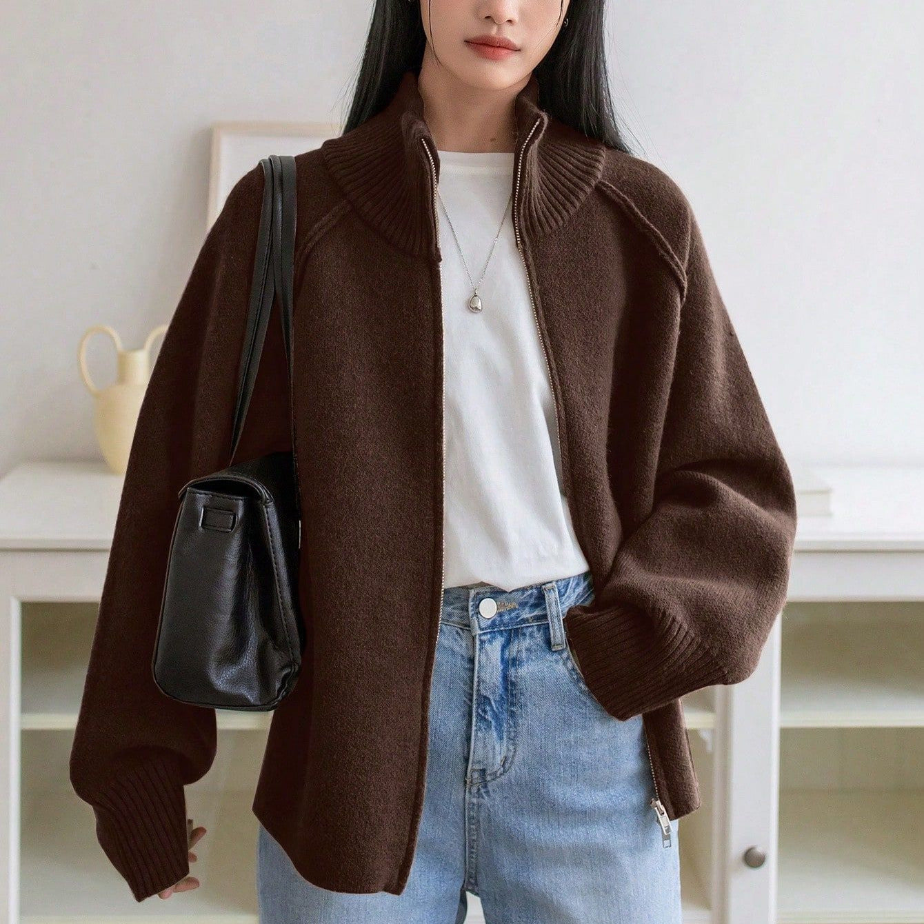 Lazy Sweater Coat Women Autumn Winter Korean Solid Color Stand Collar Zipper Knitted Cardigan Top