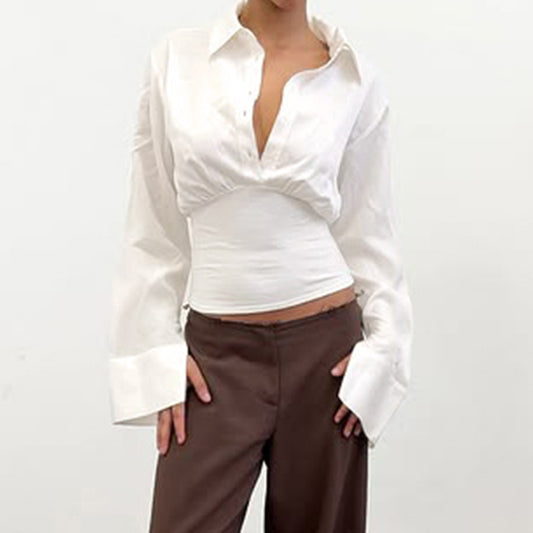 Summer Autumn Breasted Collared Sexy White Shirt Waist Controlled Slimming Long Sleeve T shirt