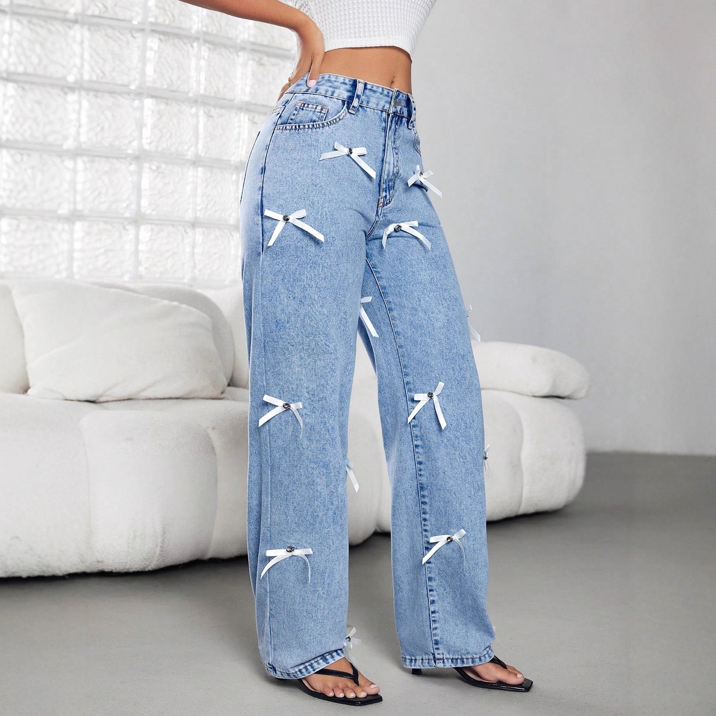 Bow Ribbon Women' Four Seasons Women Wide Leg Denim Trousers
