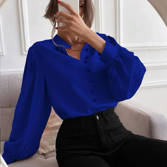 Women Shirt Autumn Elegant Solid Color Collared Long Sleeve Single Row Button Loose Women Top