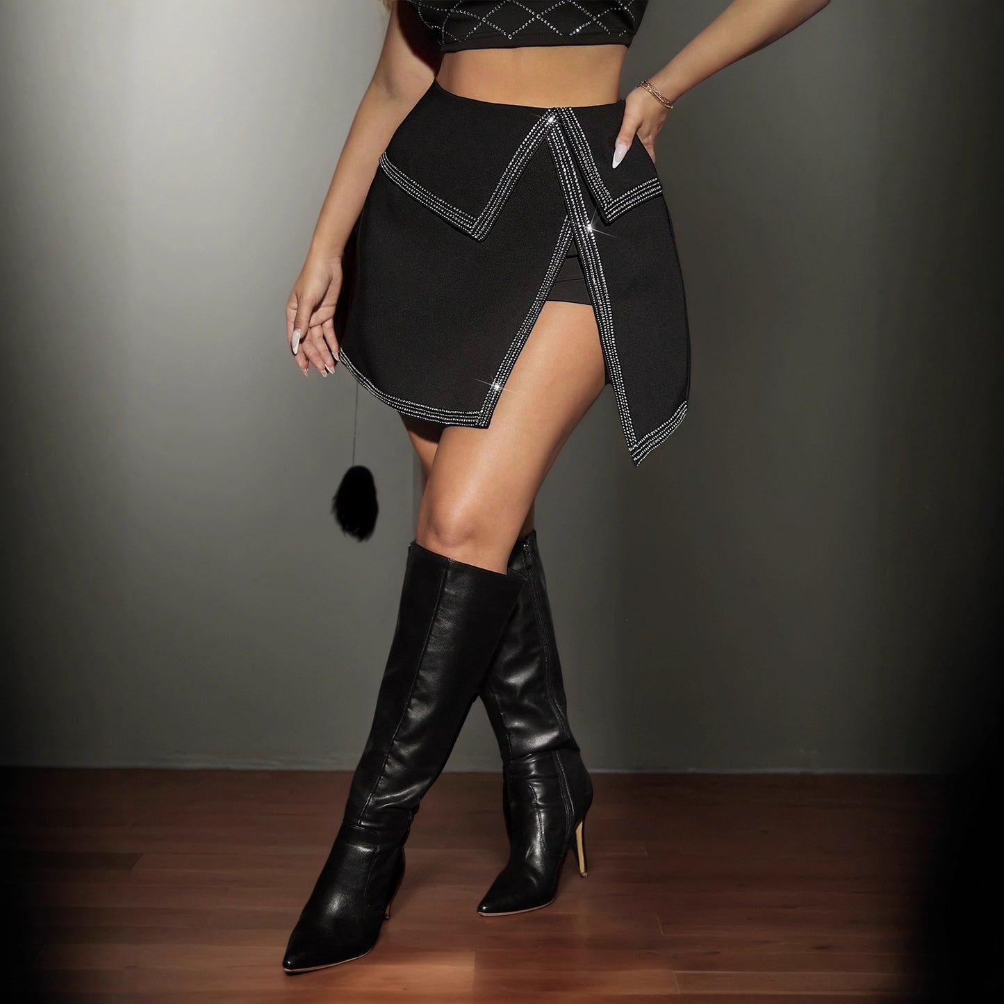 Women Irregular Asymmetric Hip Skirt Rhinestone Trim Zipper Club Sexy Sexy Skirt