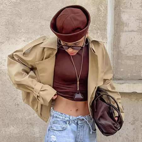 Autumn Khaki Double Breasted Collar Trench Coat Coat Casual Jacket for Women