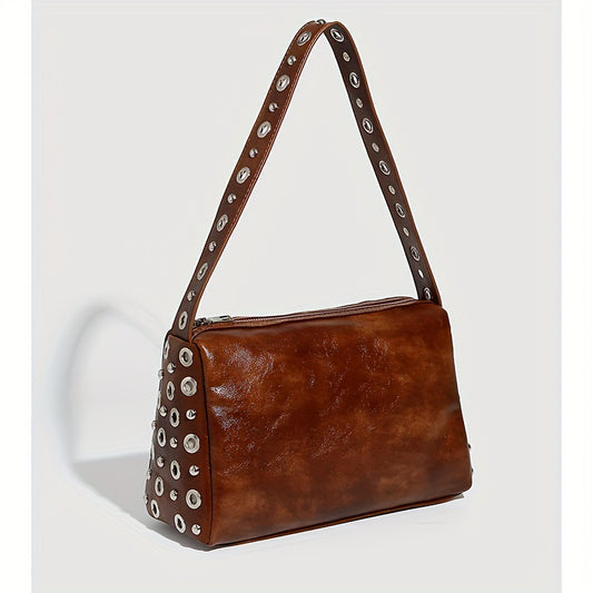 Rivets Underarm Bag Punk Oil Wax Leather Shoulder Handbag Niche Fashionable Women Sense