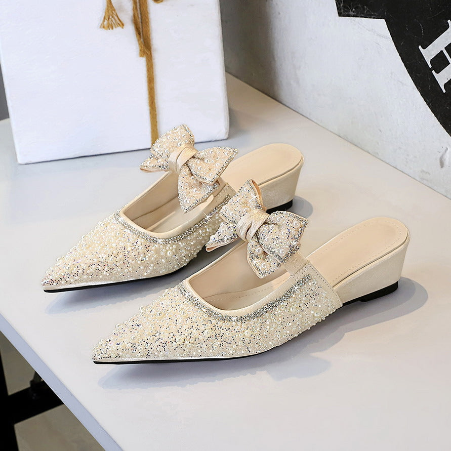 French Fairy Bow Pearl Rhinestone Closed Toe Slippers Women Outer Wear High Class Elegant Slip on Women Shoes