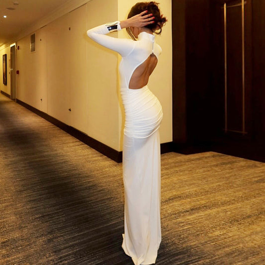Women Clothing Autumn Solid Color Long Sleeve Slim Fit Fishtail Dress Button Backless Dress Women
