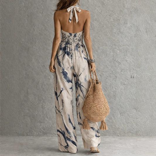 Mono de pierna ancha con estampado de tinta y bolsillos, casual, sin mangas y con cuello halter atado
