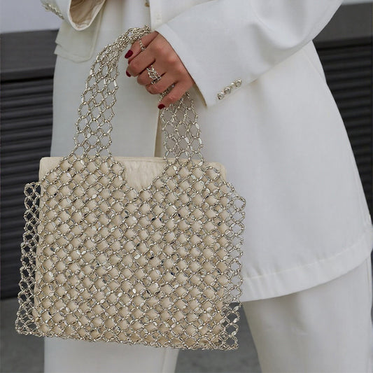 Trend All Match Shiny Hollow Out Cutout Large Capacity Handmade Beaded Bag Trendy Woven Acrylic Handbag