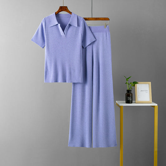 Women Clothing Polo Collar Pullover Short Sleeve Top Slimming Solid Color Wide Leg Trousers Knitted Suit