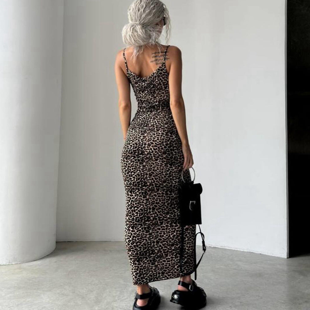 Women Clothing Sexy Sling Dress Tight Waist Sheath Dress Slimming Printed Dress Backless