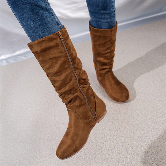 Pleated ide Zipper Flat Casual Women Boots Flat Boots Ankle Boots