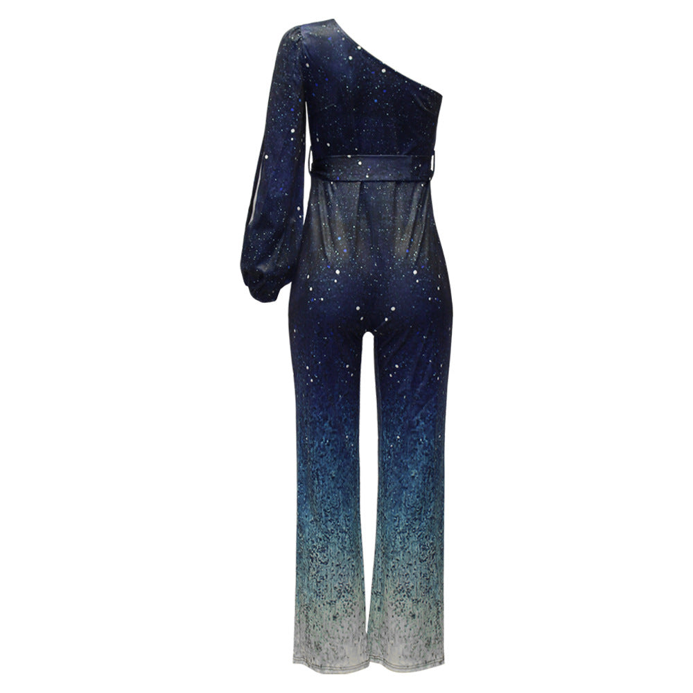 Summer Women Clothing Gradient Printing Diagonal Collar Long Sleeve Sexy Siamese Wide Leg Jumpsuit