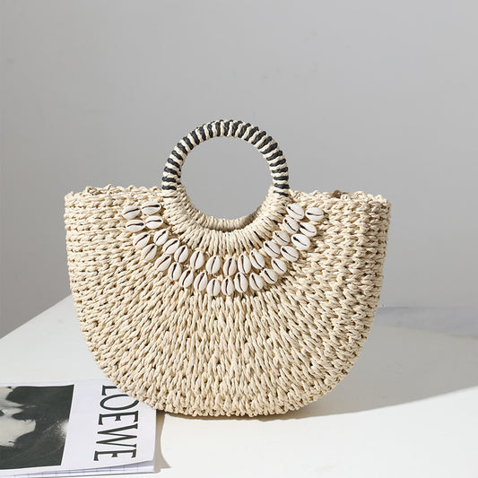 Retro Straw Bag Portable Semicircle Shell Handmade Straw Bag Woven Bag Women Seaside Vacation Beach Bag