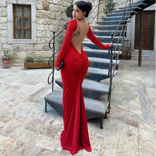 Slim Fit Long Sleeve Backless Sexy Hip Bag Dress