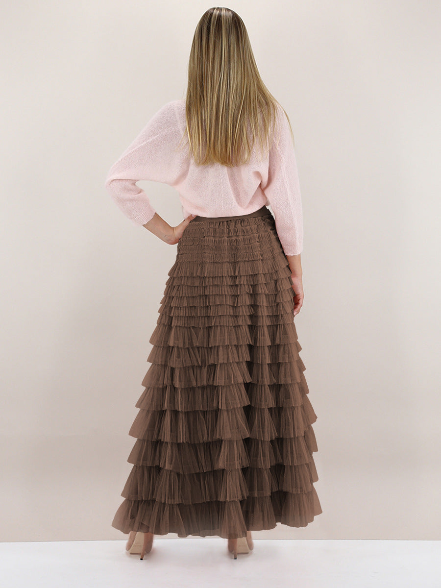 【MOQ-5 packs】 Skirt Women Autumn Elegant Solid Color High Waist Mesh A line Dress Puffy French Dress
