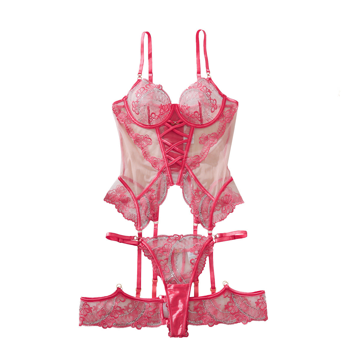 See through Lace Hollow Out Cutout Backless Slim Fit Sexy Underwear Split Set