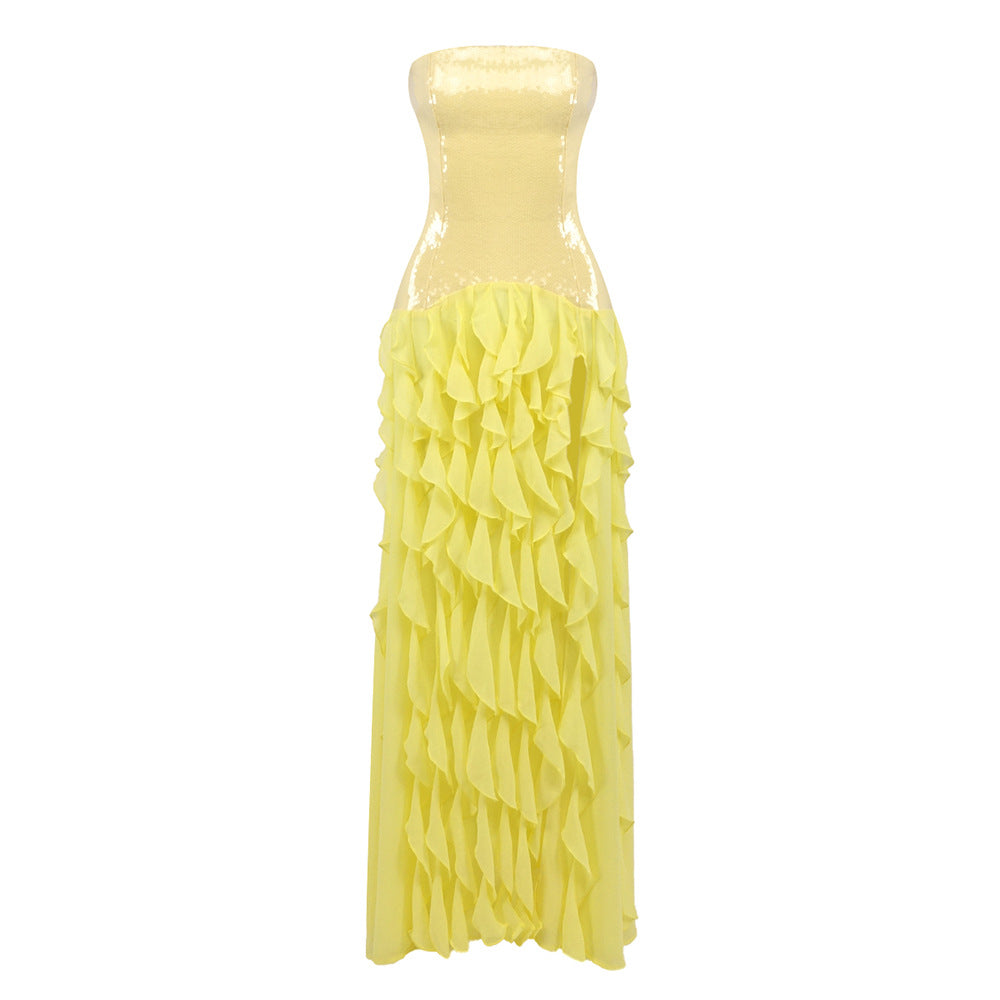 Vestido tubo amarillo con cintura ajustada, sin espalda, estilo francés, con volantes, ropa de mujer para verano