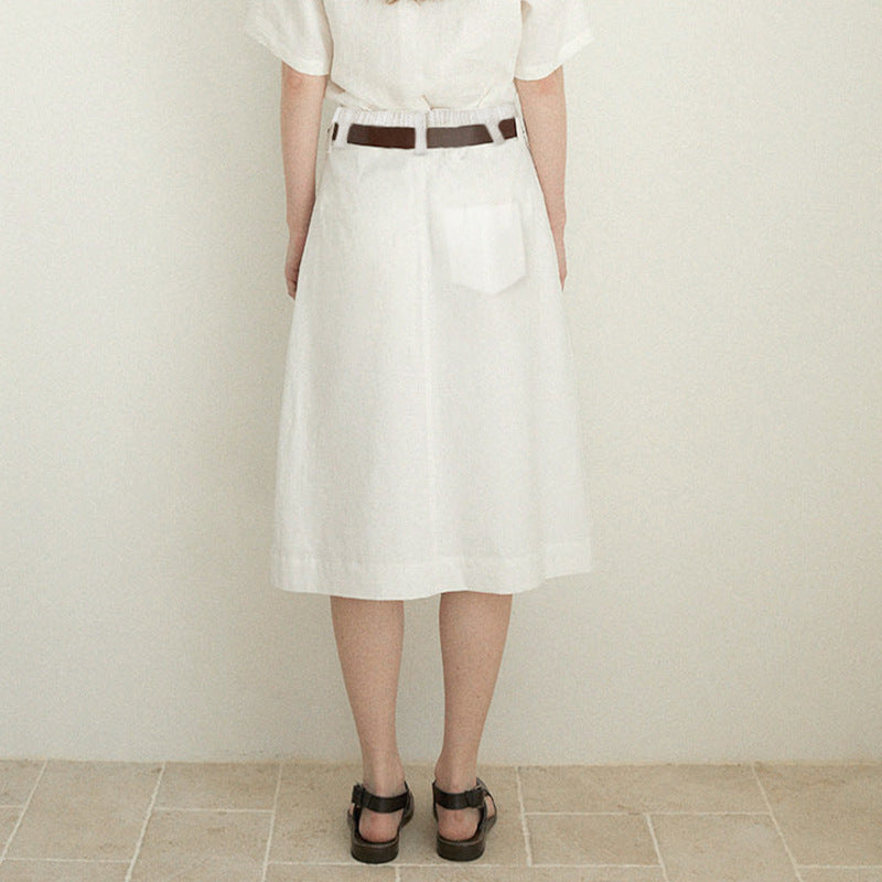 Pure Linen A line Skirt Women Summer High Waist Skirt Old Money Slimming Loose Straight Dress over the Knee Office Mid Skirt (no belt)