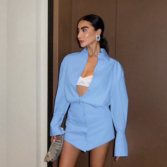 Spring Summer Comely Blue Loose Fitting Collared Shirt Sleeve Sheath Slim Dress Pencil Women