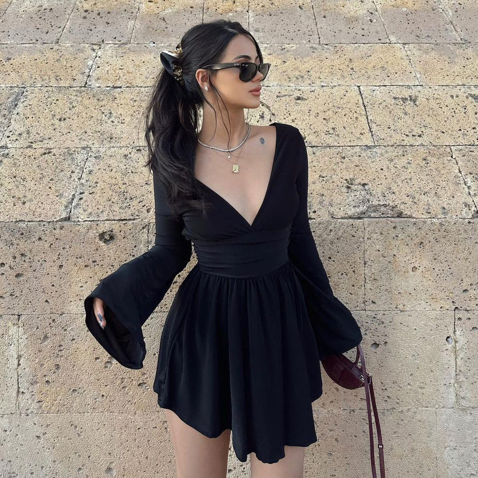 Women Clothing Autumn Sexy Backless Waist Trimming French V neck Long Sleeve Dress Sexy Sheath