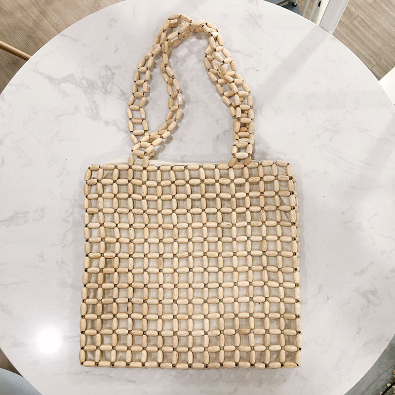 Retro Autumn Large Capacity Wooden Bead Handmade Beaded Weave Hollow Out Cutout Bag All Match Portable Shoulder