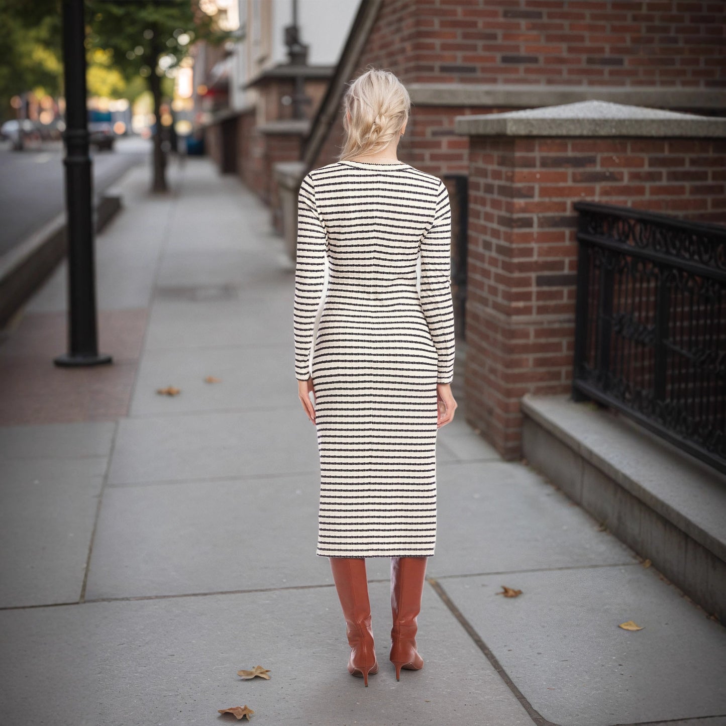 Striped Waist Twist Waist Controlled Slim Fit Slimming Split round Neck Dress