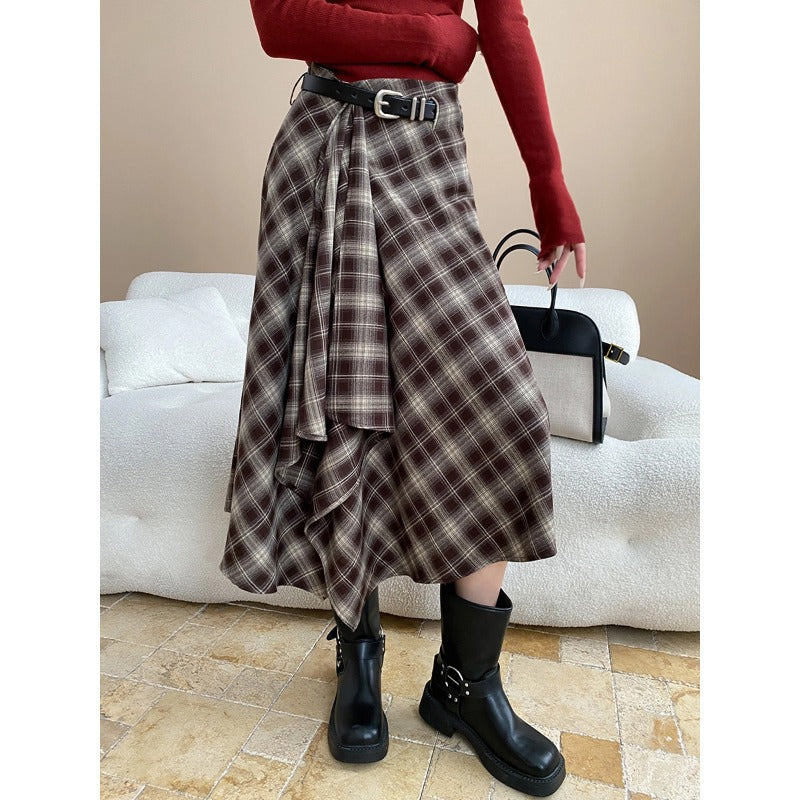 Retro British Tone Irregular Asymmetric Contrast Color Check High Waist A line Slimming Skirt