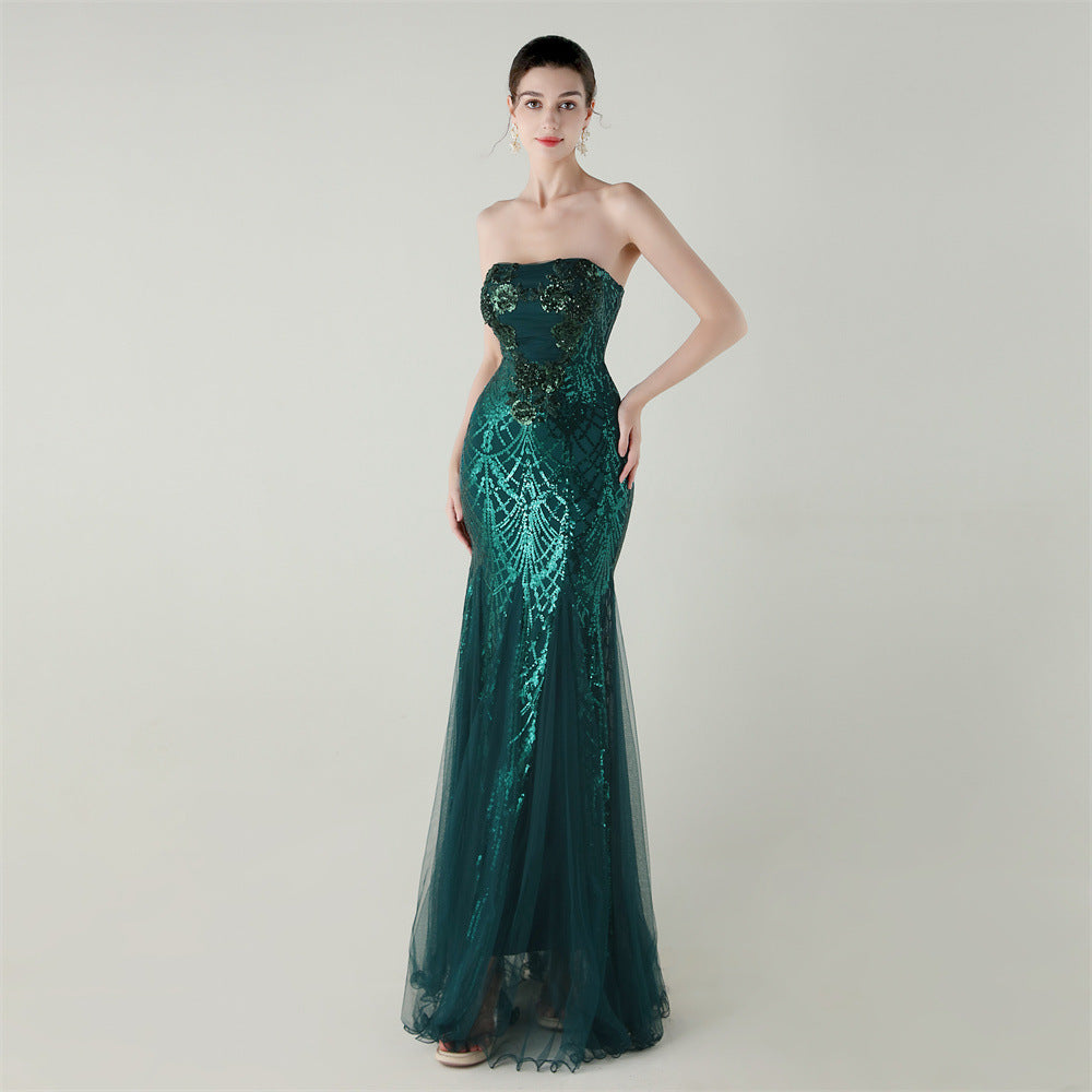 Tube Top Cross Strap Beaded Tube Floral Sequin Mesh Evening Dress Cocktail Wedding Social Elegant Clothing