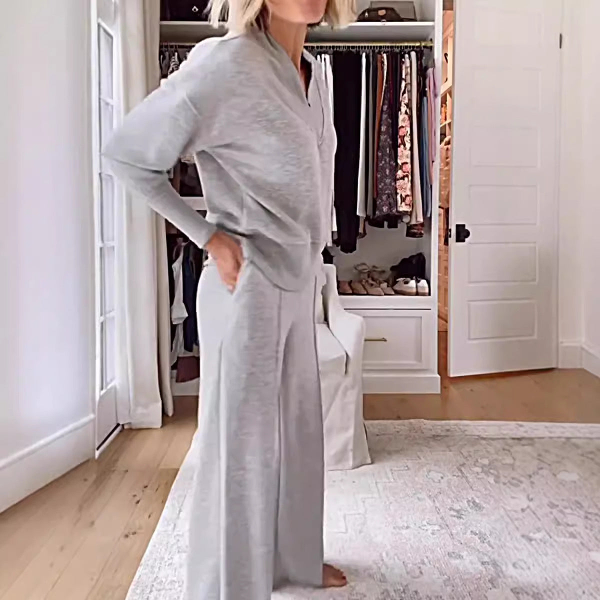 Autumn Casual V neck Long Sleeve Loose Top Wide Leg Pants Two Piece Set